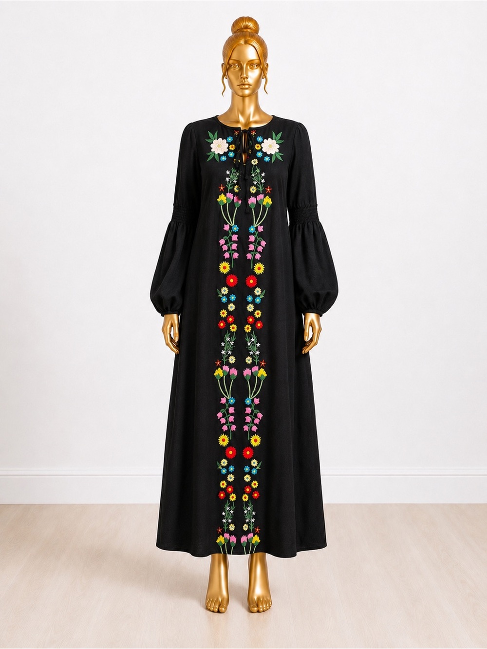 Zara Black Floral Embroidered Boho Maxi Dress Long Sleeve Size Small